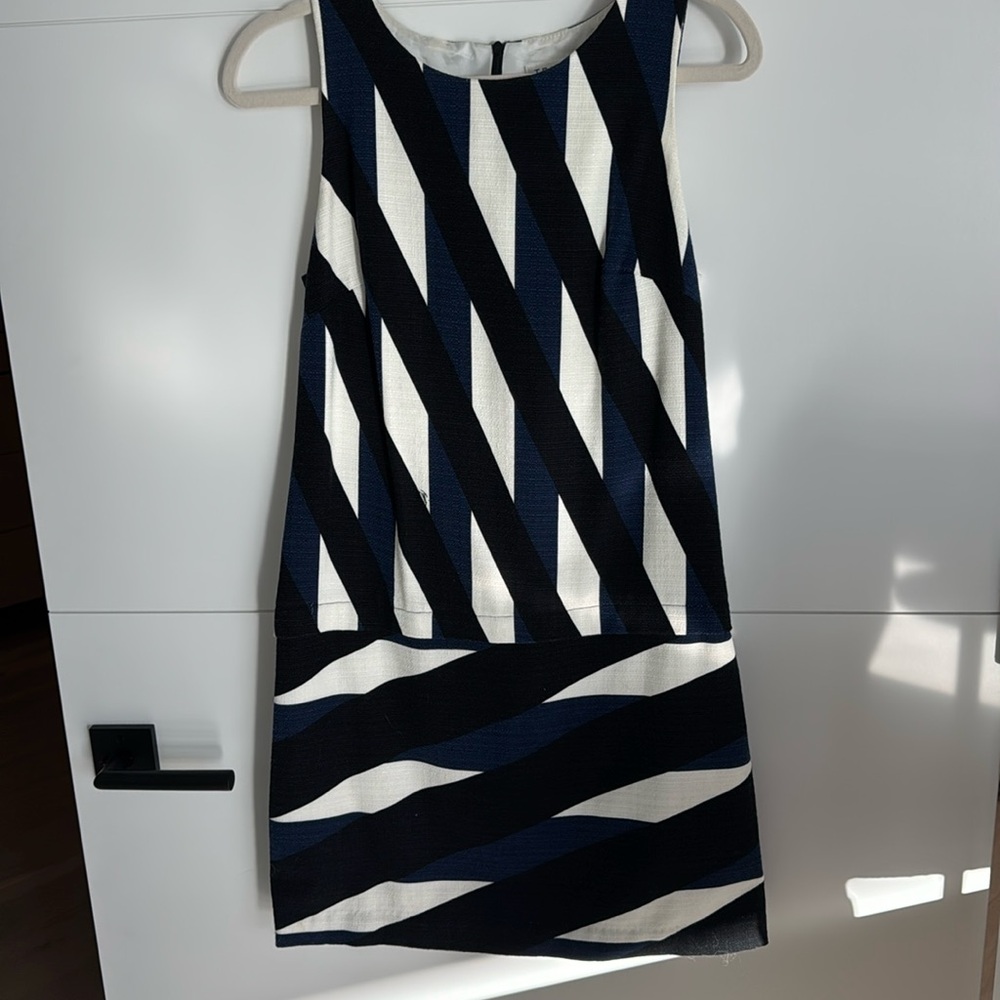 Trina Turk shift dress, white blue and navy stripes. Very gently worn